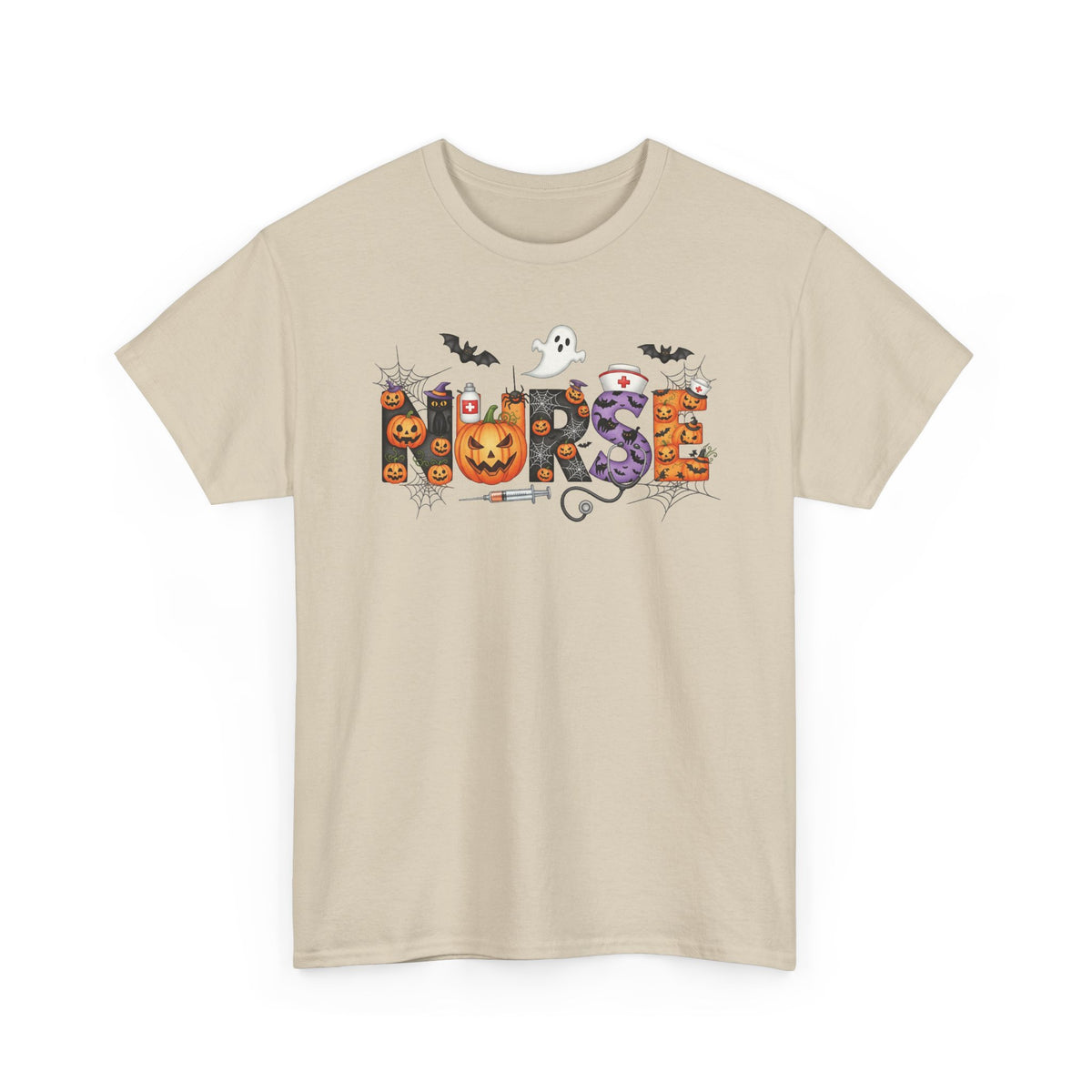 Sand Halloween Nurse Pumpkin t-shirt with Halloween lettering, jack-o'-lantern and bats