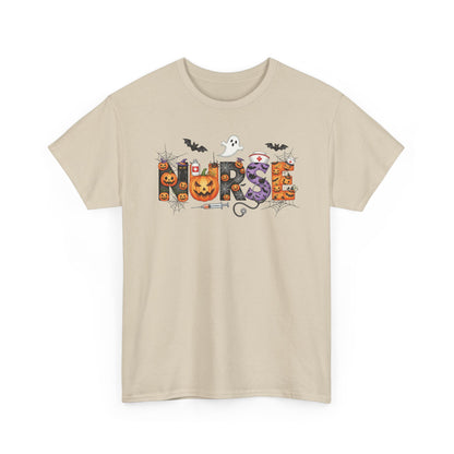 Sand Halloween Nurse Pumpkin t-shirt with Halloween lettering, jack-o'-lantern and bats