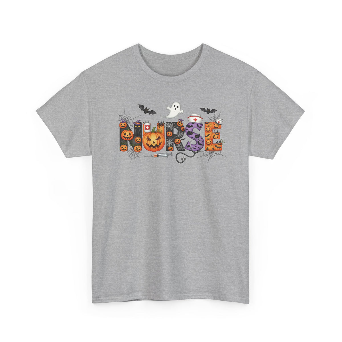 Sport Grey Halloween Nurse Pumpkin t-shirt with Halloween lettering, jack-o'-lantern and bats