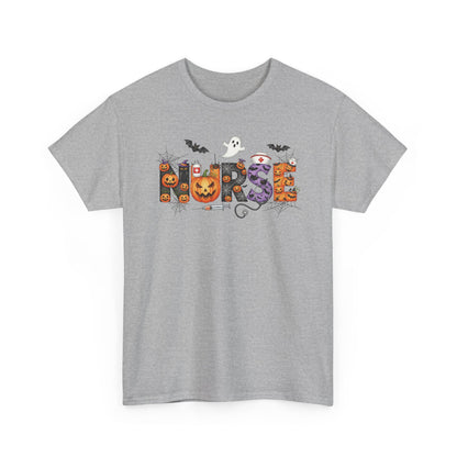Sport Grey Halloween Nurse Pumpkin t-shirt with Halloween lettering, jack-o'-lantern and bats