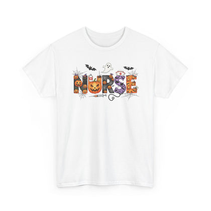 White Halloween Nurse Pumpkin t-shirt with Halloween lettering, jack-o'-lantern and bats