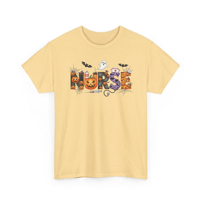 Yellow Haze Halloween Nurse Pumpkin t-shirt with Halloween lettering, jack-o'-lantern and bats