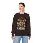 Woman wearing the Dark Chocolate Happy New Year And Yes It's My Birthday Sweatshirt
