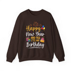 Dark Chocolate Happy New Year And Yes It's My Birthday sweatshirt with fireworks, balloons and cake, front view