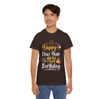 Man wearing the Dark Chocolate Happy New Year And Yes It's My Birthday T-Shirt, second model