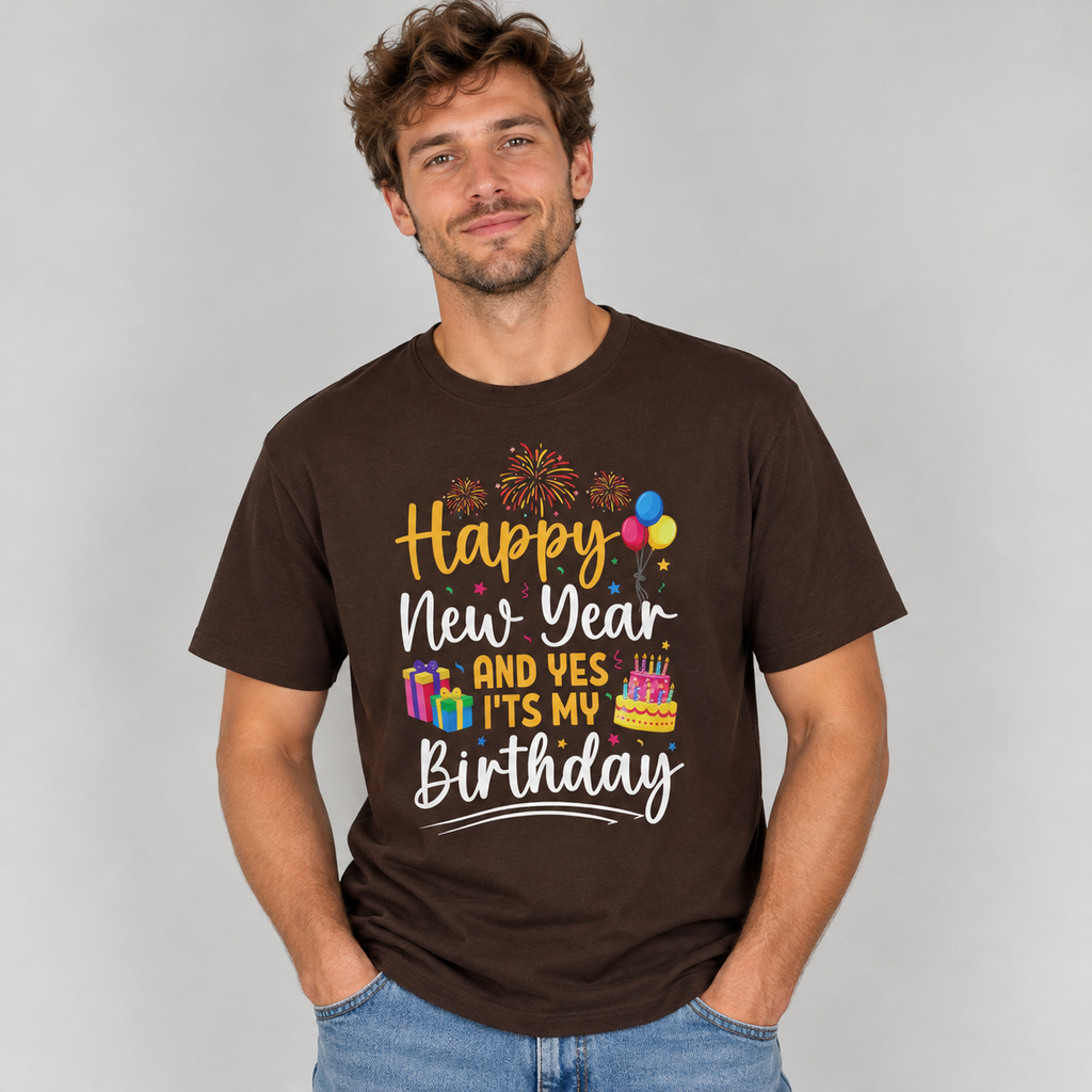 Man wearing the Dark Chocolate Happy New Year And Yes It's My Birthday T-Shirt with jeans