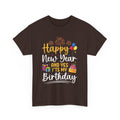 Dark Chocolate Happy New Year And Yes It's My Birthday t-shirt with fireworks, balloons and cake, front view