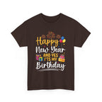 Dark Chocolate Happy New Year And Yes It's My Birthday t-shirt with fireworks, balloons and cake, front view