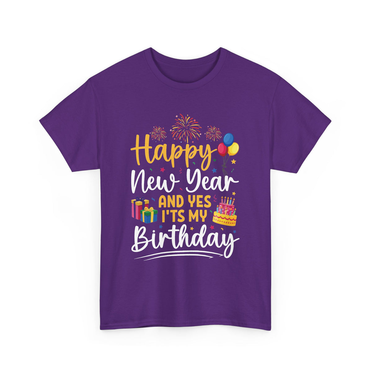 Purple Happy New Year And Yes It's My Birthday t-shirt with fireworks, balloons and cake, front view