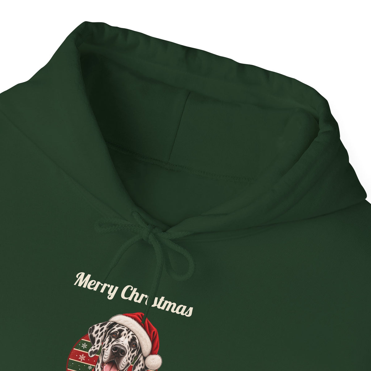 Harlequin Great Dane Christmas Hoodie in Forest Green, front collar close-up