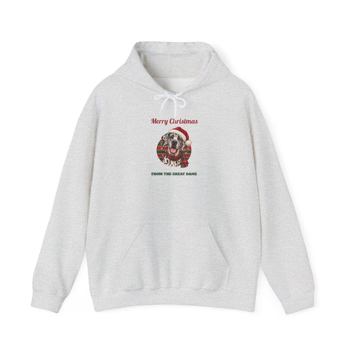 Ash Merry Christmas From The Great Dane hoodie with a harlequin Great Dane in a Santa hat, front view