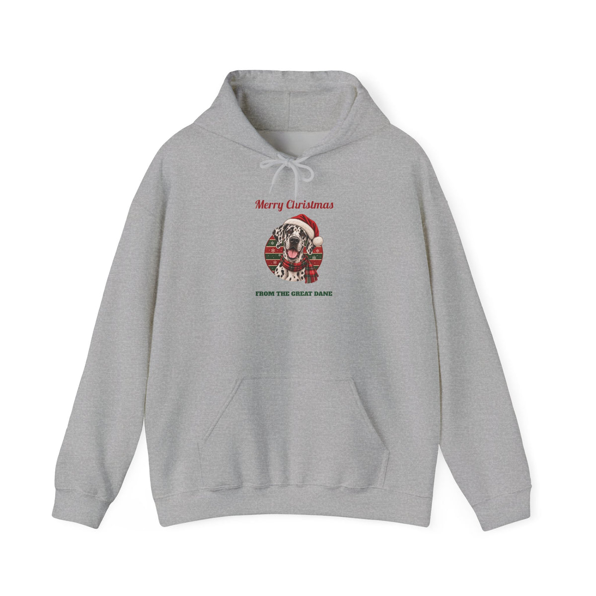 Sport Grey Merry Christmas From The Great Dane hoodie with a harlequin Great Dane in a Santa hat, front view