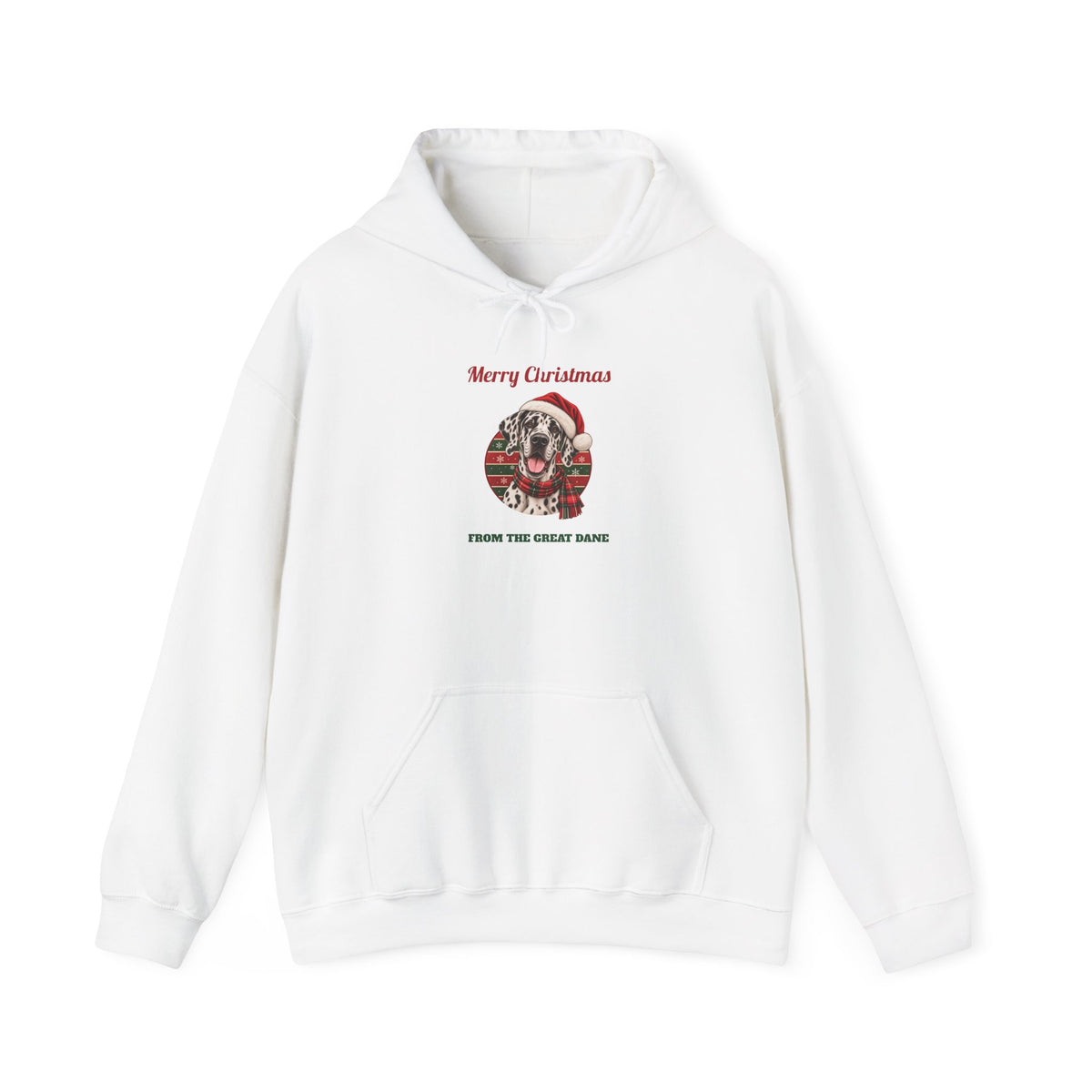 White Merry Christmas From The Great Dane hoodie with a harlequin Great Dane in a Santa hat, front view