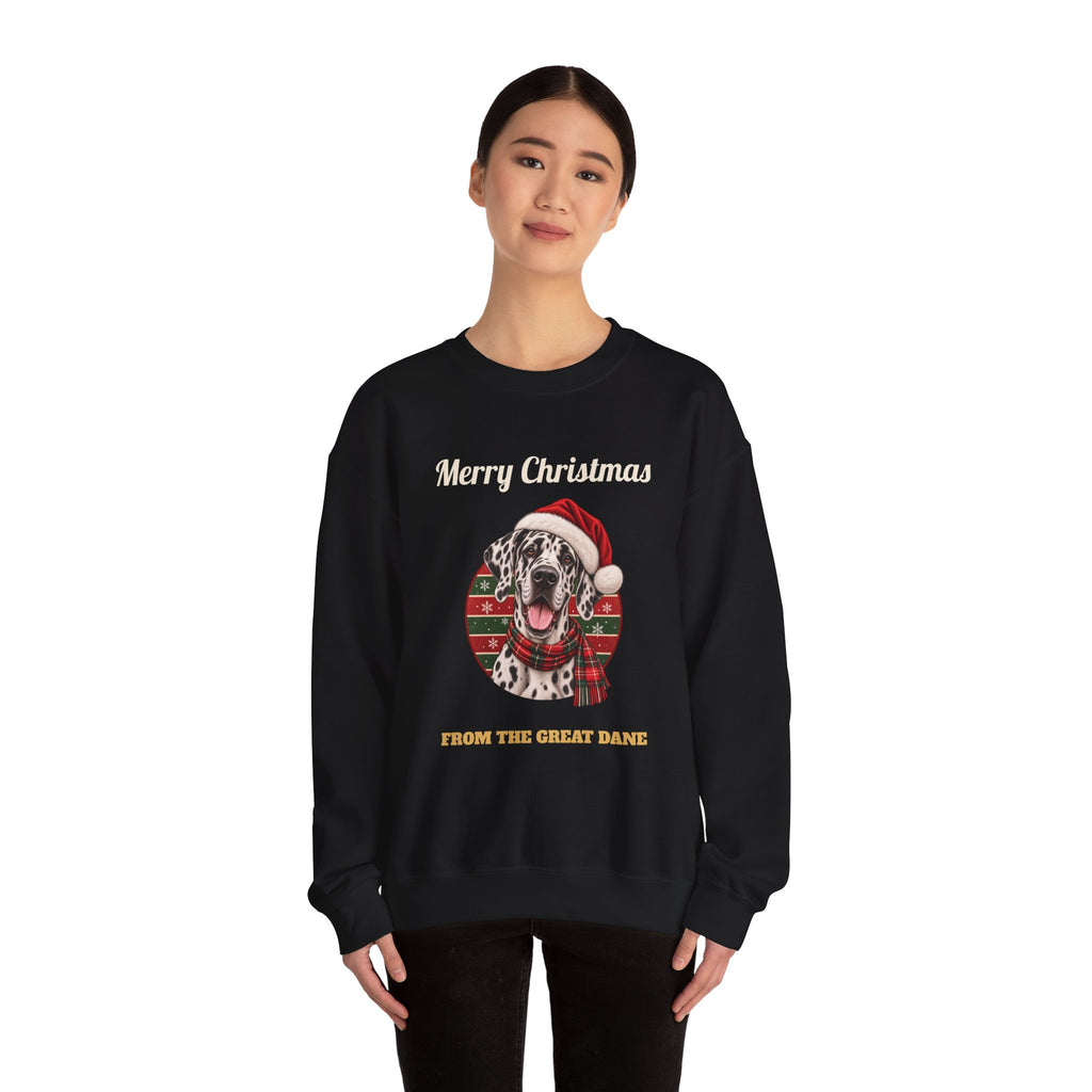 Model wearing the Black Harlequin Great Dane Christmas Sweatshirt