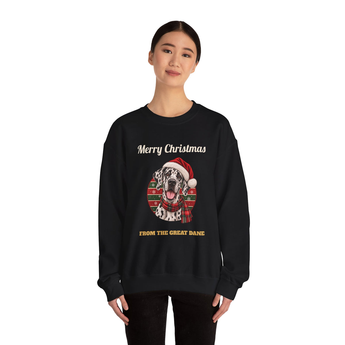 Model wearing the Black Harlequin Great Dane Christmas Sweatshirt