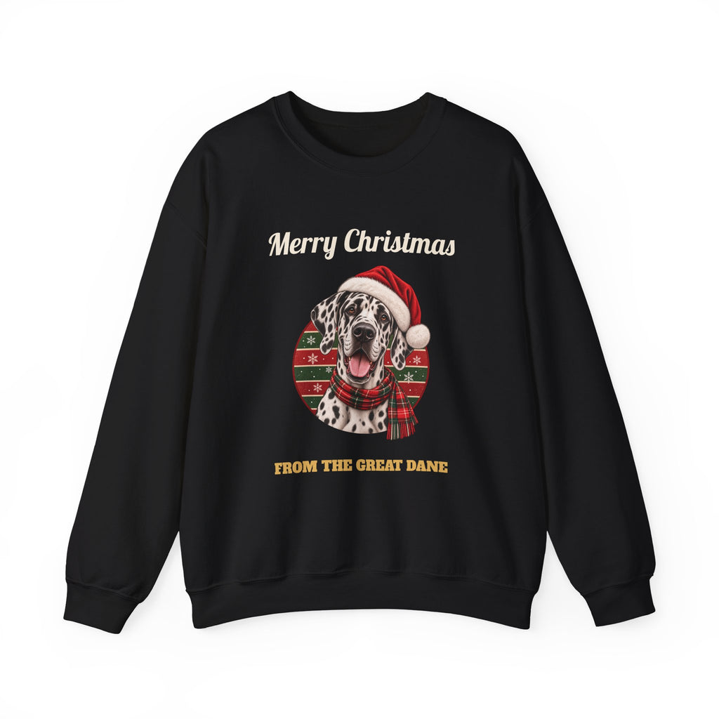 Black Merry Christmas From The Great Dane sweatshirt with a harlequin Great Dane in a Santa hat, front view