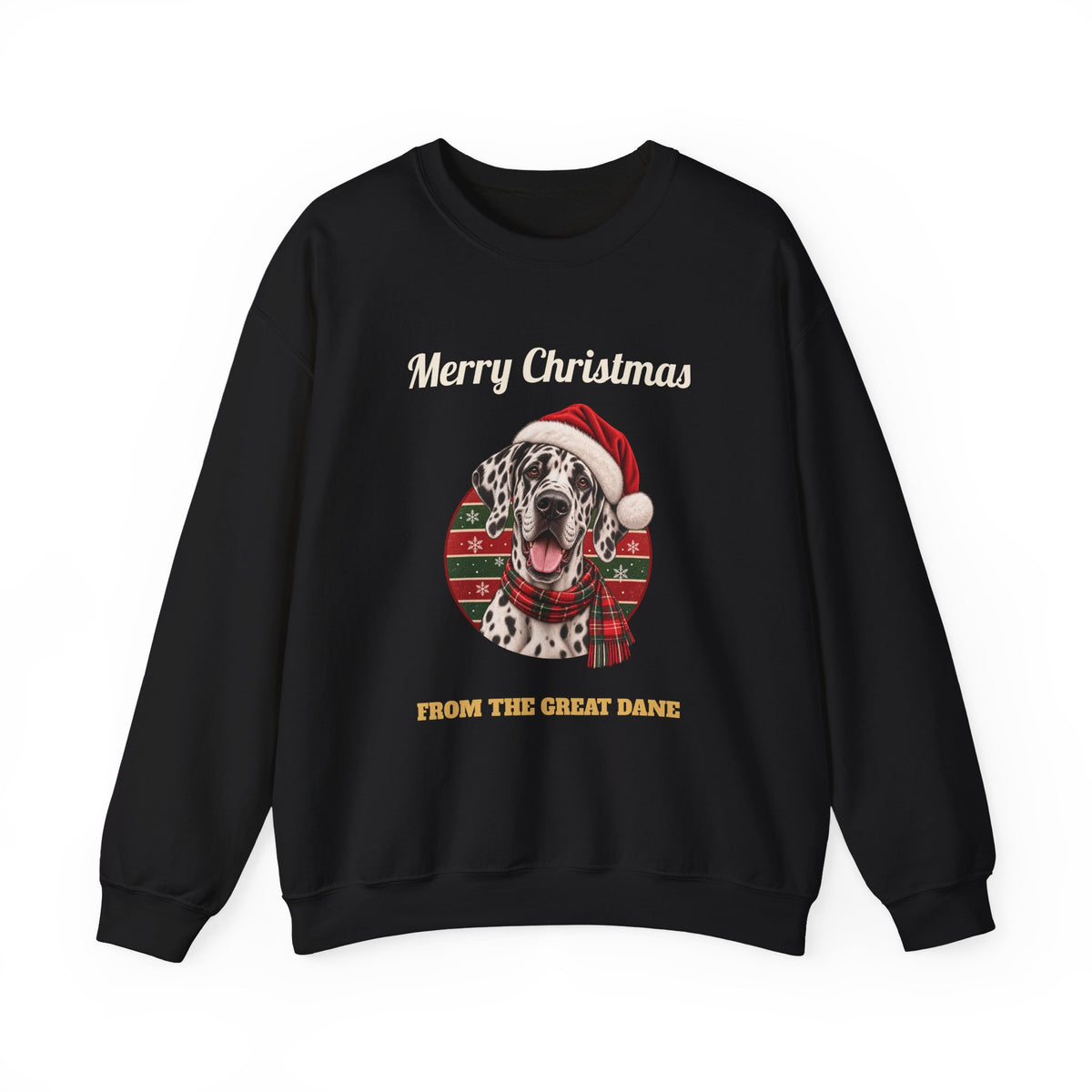 Black Merry Christmas From The Great Dane sweatshirt with a harlequin Great Dane in a Santa hat, front view