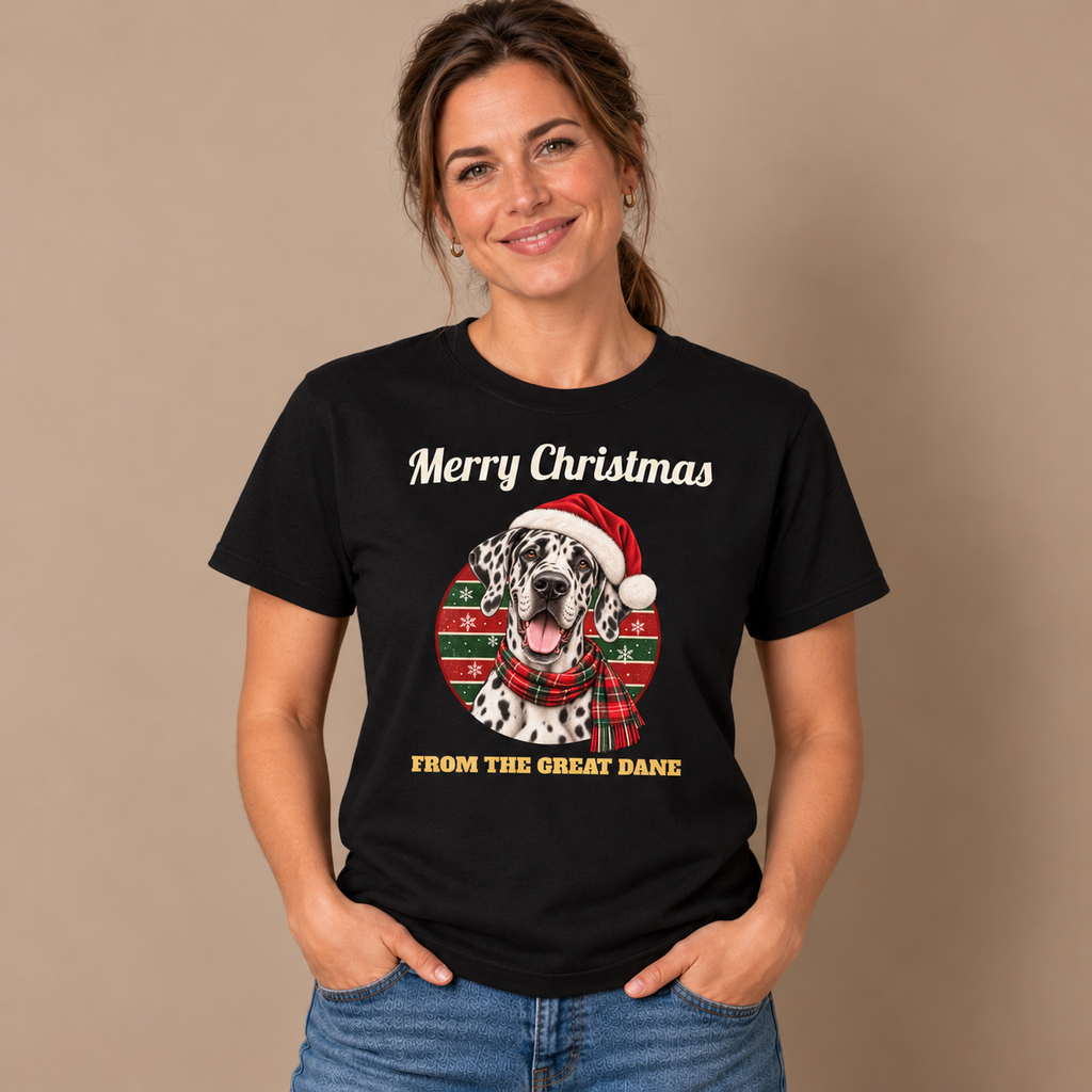 Woman wearing the Black Merry Christmas From The Great Dane T-Shirt (harlequin Great Dane) with jeans