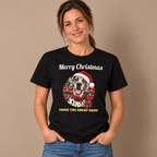 Woman wearing the Black Merry Christmas From The Great Dane T-Shirt (harlequin Great Dane) with jeans