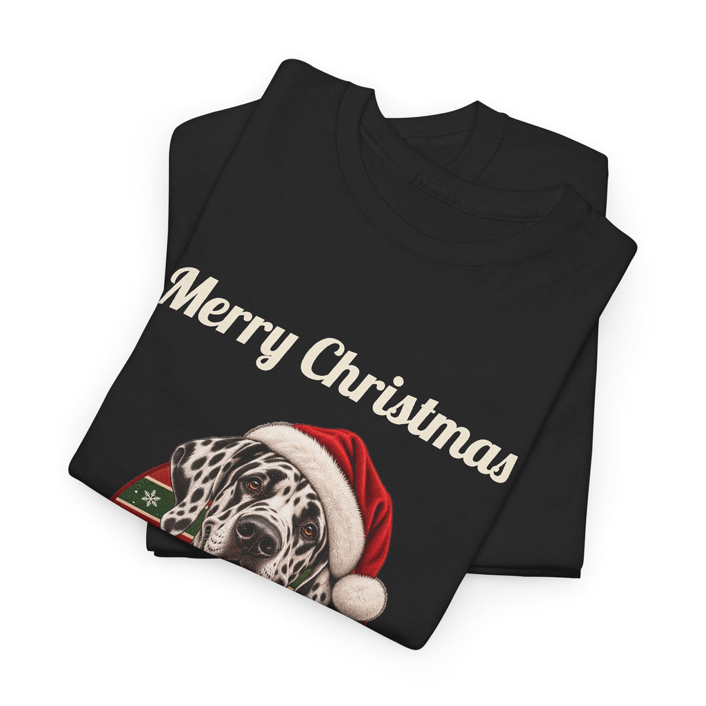Harlequin Great Dane Christmas T-Shirt in Black, folded