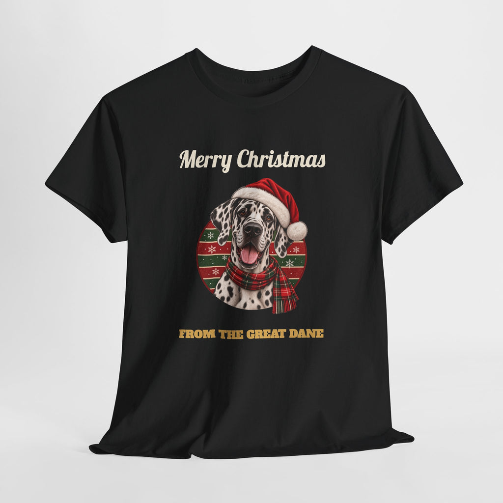 Harlequin Great Dane Christmas T-Shirt in Black, flat lay