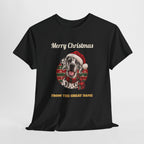 Harlequin Great Dane Christmas T-Shirt in Black, flat lay