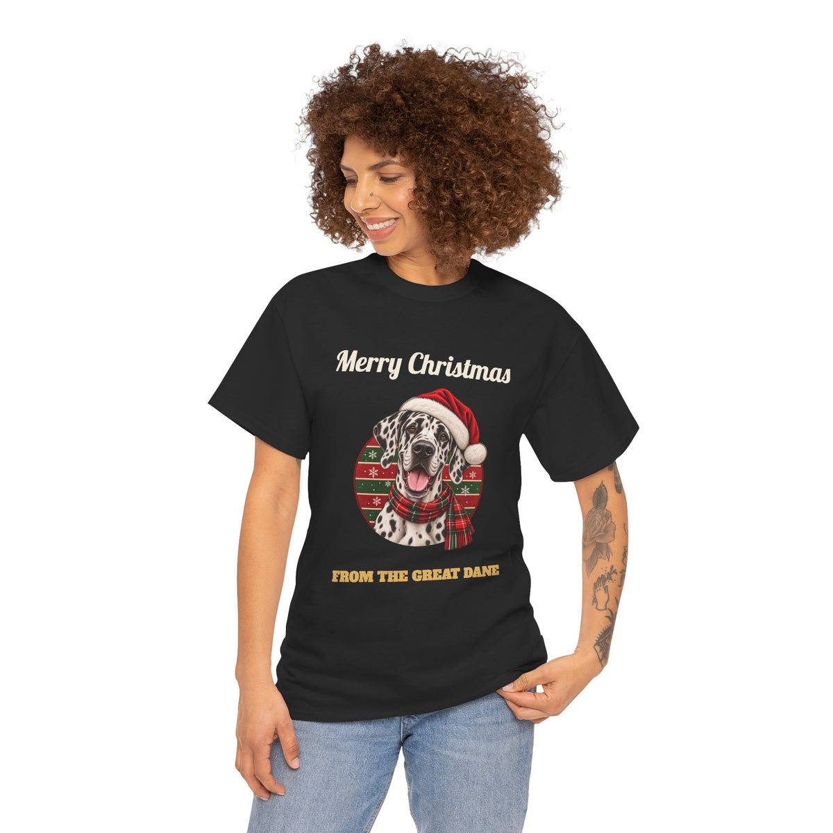 Model wearing the Black Harlequin Great Dane Christmas T-Shirt
