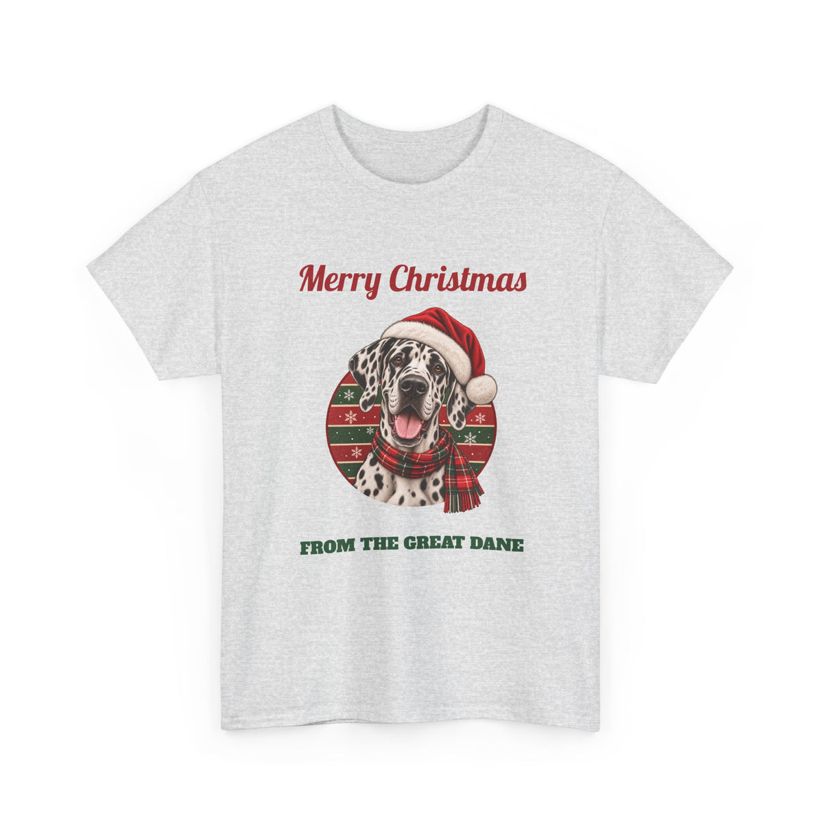 Ash Merry Christmas From The Great Dane t-shirt with a harlequin Great Dane in a Santa hat, front view
