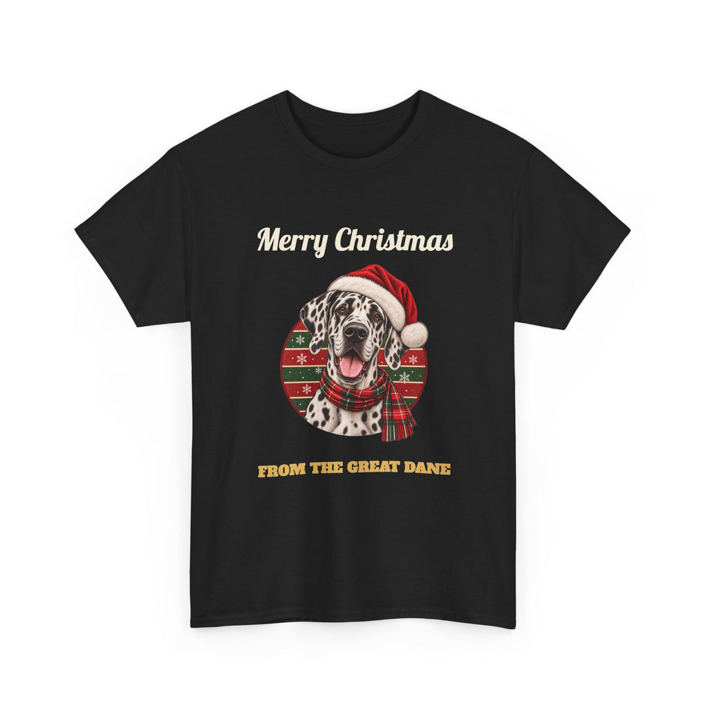 Black Merry Christmas From The Great Dane t-shirt with a harlequin Great Dane in a Santa hat, front view