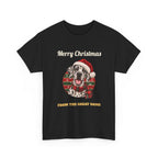 Black Merry Christmas From The Great Dane t-shirt with a harlequin Great Dane in a Santa hat, front view