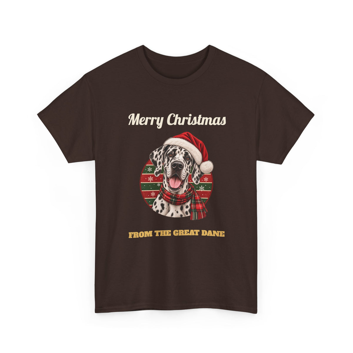 Dark Chocolate Merry Christmas From The Great Dane t-shirt with a harlequin Great Dane in a Santa hat, front view