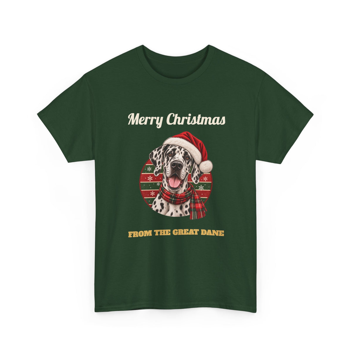 Forest Green Merry Christmas From The Great Dane t-shirt with a harlequin Great Dane in a Santa hat, front view