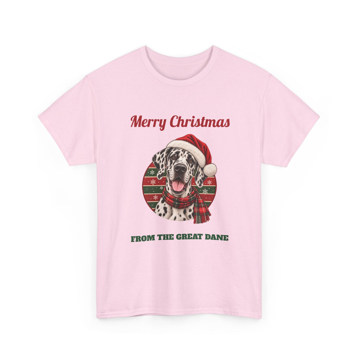 Light Pink Merry Christmas From The Great Dane t-shirt with a harlequin Great Dane in a Santa hat, front view