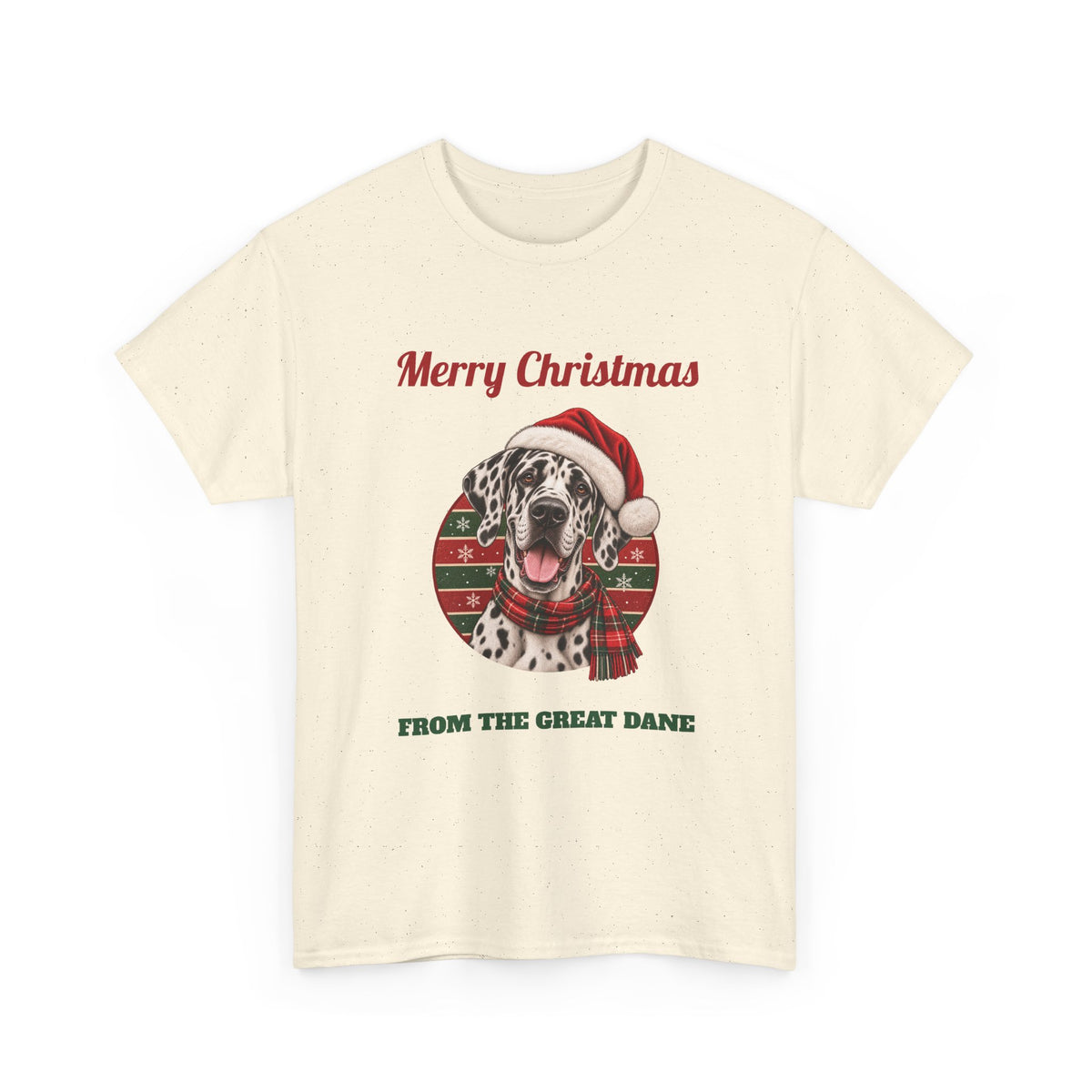 Natural Merry Christmas From The Great Dane t-shirt with a harlequin Great Dane in a Santa hat, front view