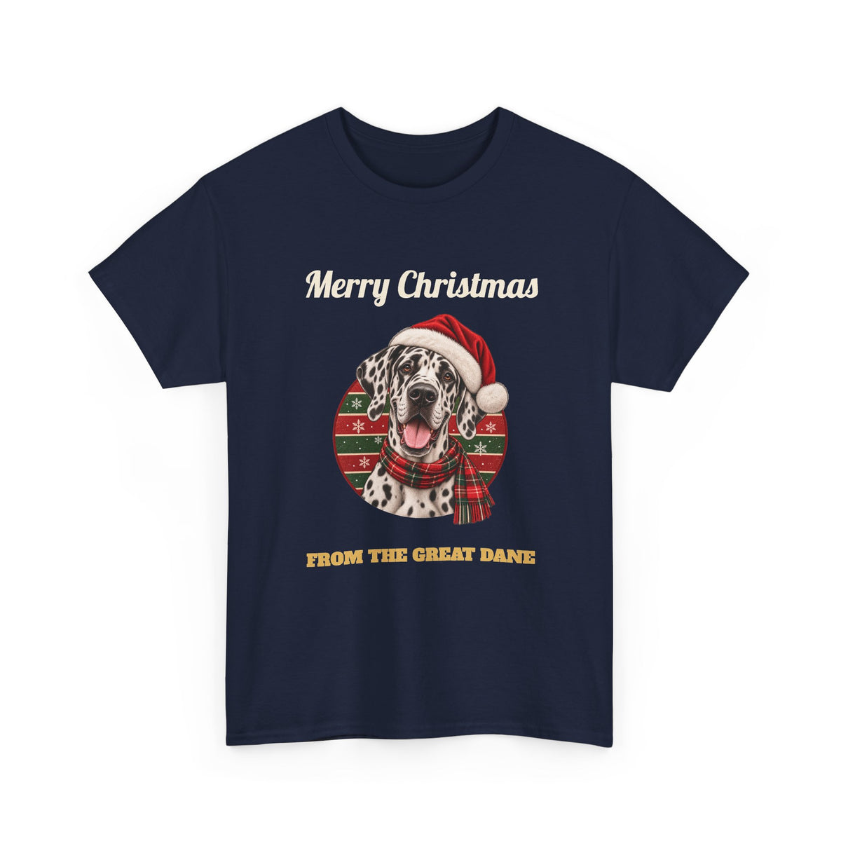 Navy Merry Christmas From The Great Dane t-shirt with a harlequin Great Dane in a Santa hat, front view