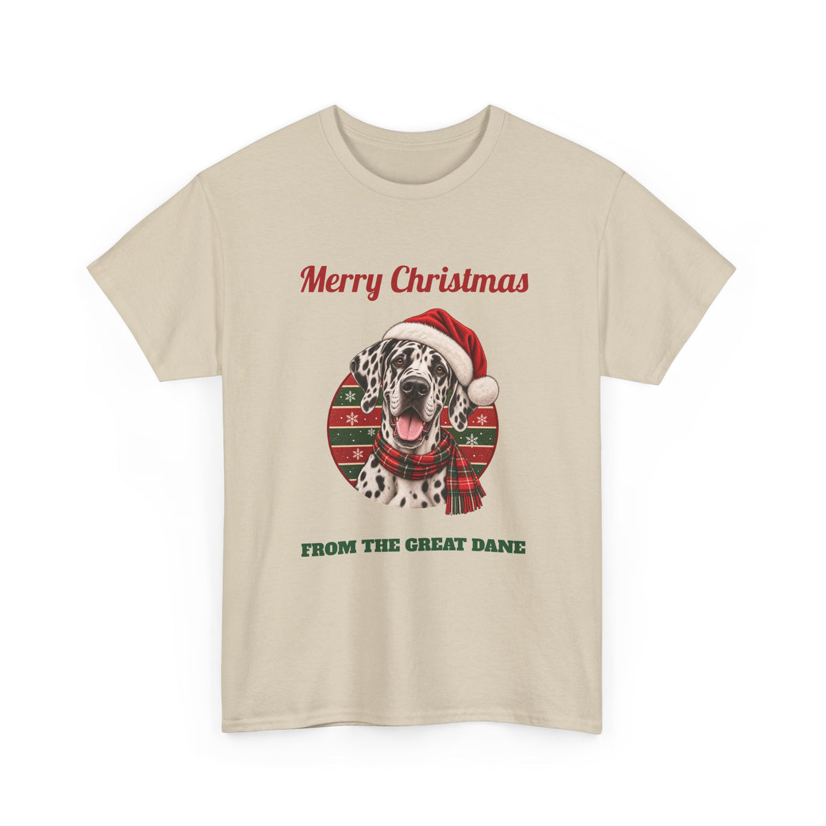 Sand Merry Christmas From The Great Dane t-shirt with a harlequin Great Dane in a Santa hat, front view