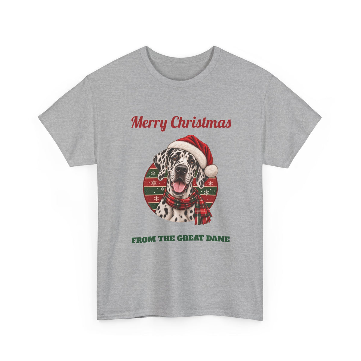 Sport Grey Merry Christmas From The Great Dane t-shirt with a harlequin Great Dane in a Santa hat, front view