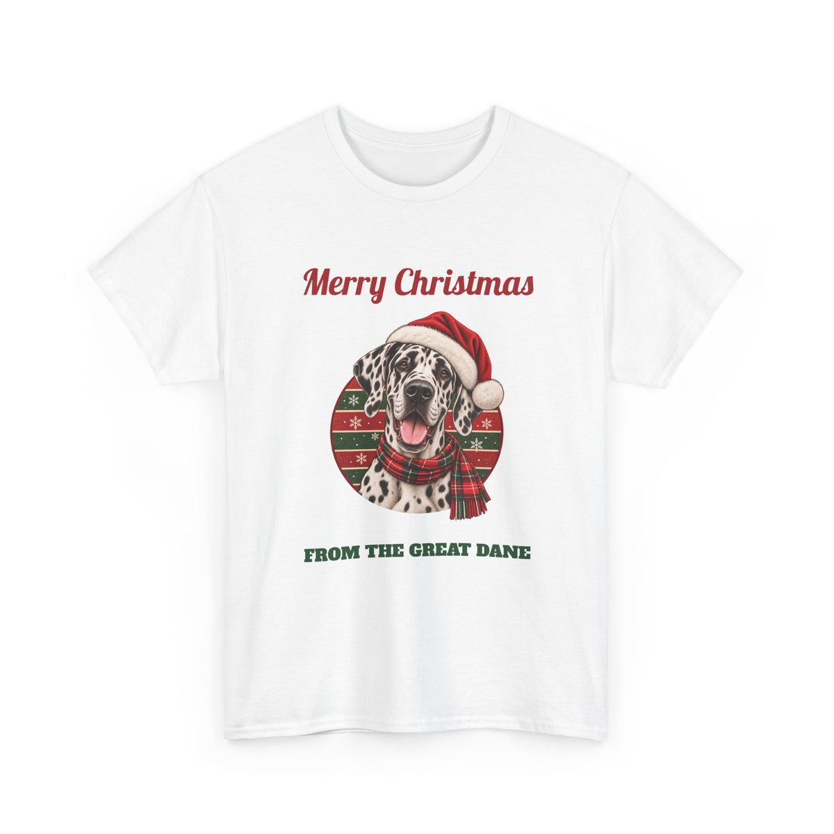 White Merry Christmas From The Great Dane t-shirt with a harlequin Great Dane in a Santa hat, front view