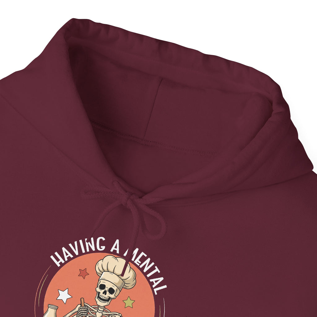 Having A Mental Bake Down skeleton baker hoodie, hood and print detail