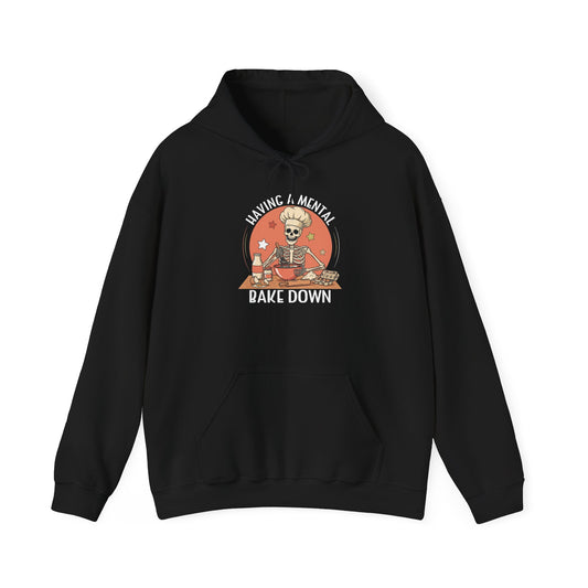 Black Having A Mental Bake Down skeleton baker hoodie, front view