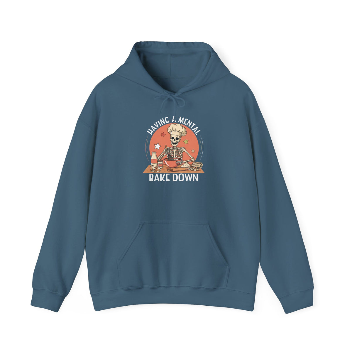 Indigo Blue Having A Mental Bake Down skeleton baker hoodie, front view