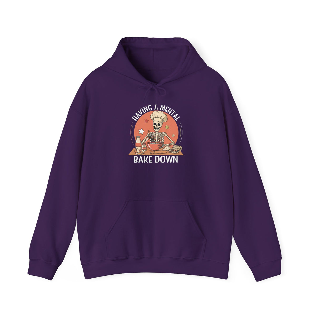 Purple Having A Mental Bake Down skeleton baker hoodie, front view