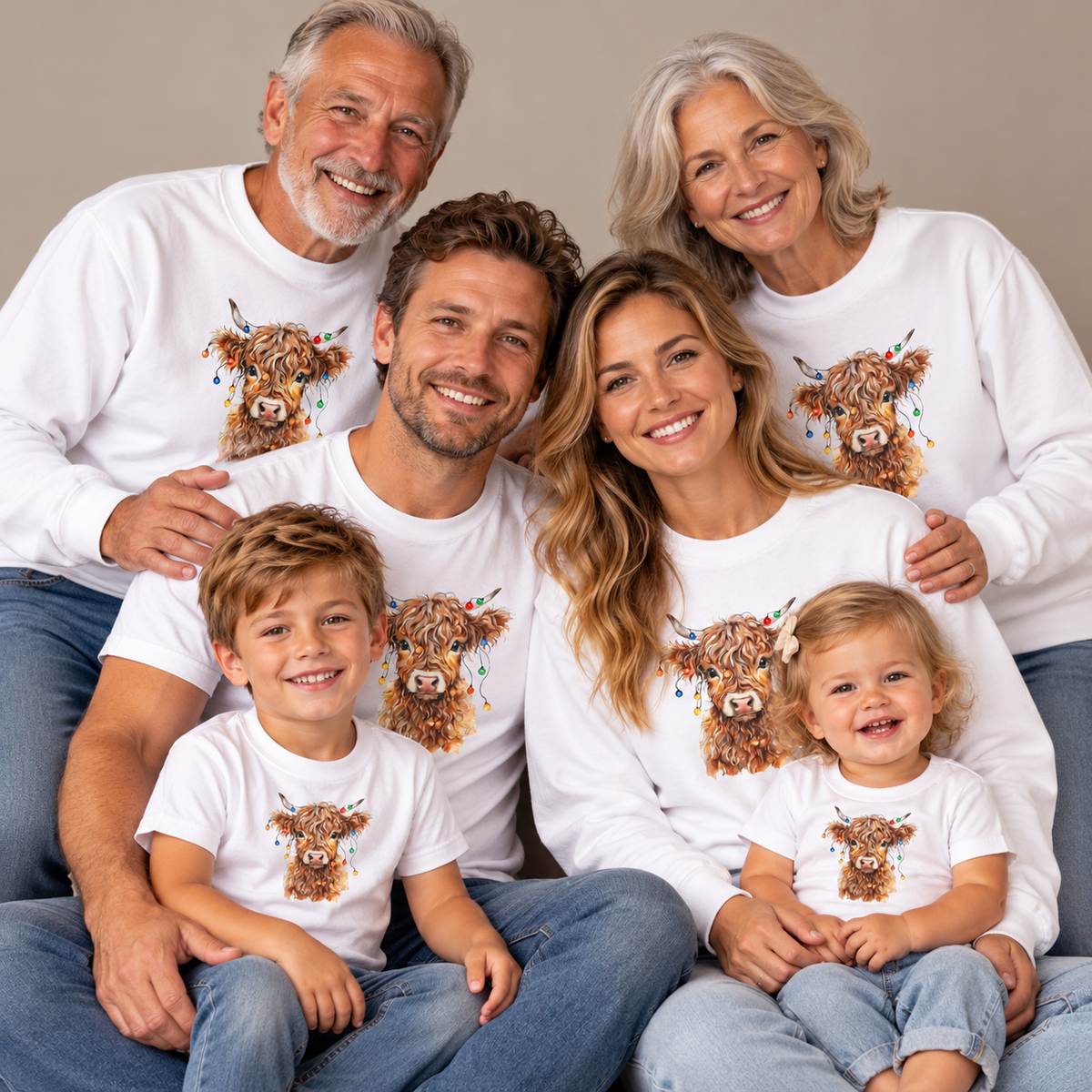 Three generations wearing matching Highland Cow With Christmas Lights sweatshirts, t-shirts and a baby bodysuit