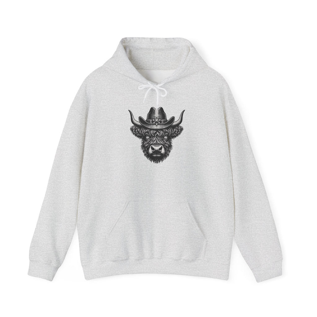 Ash grey Highland cow cowboy hat hoodie with vintage engraved cow in a sheriff hat