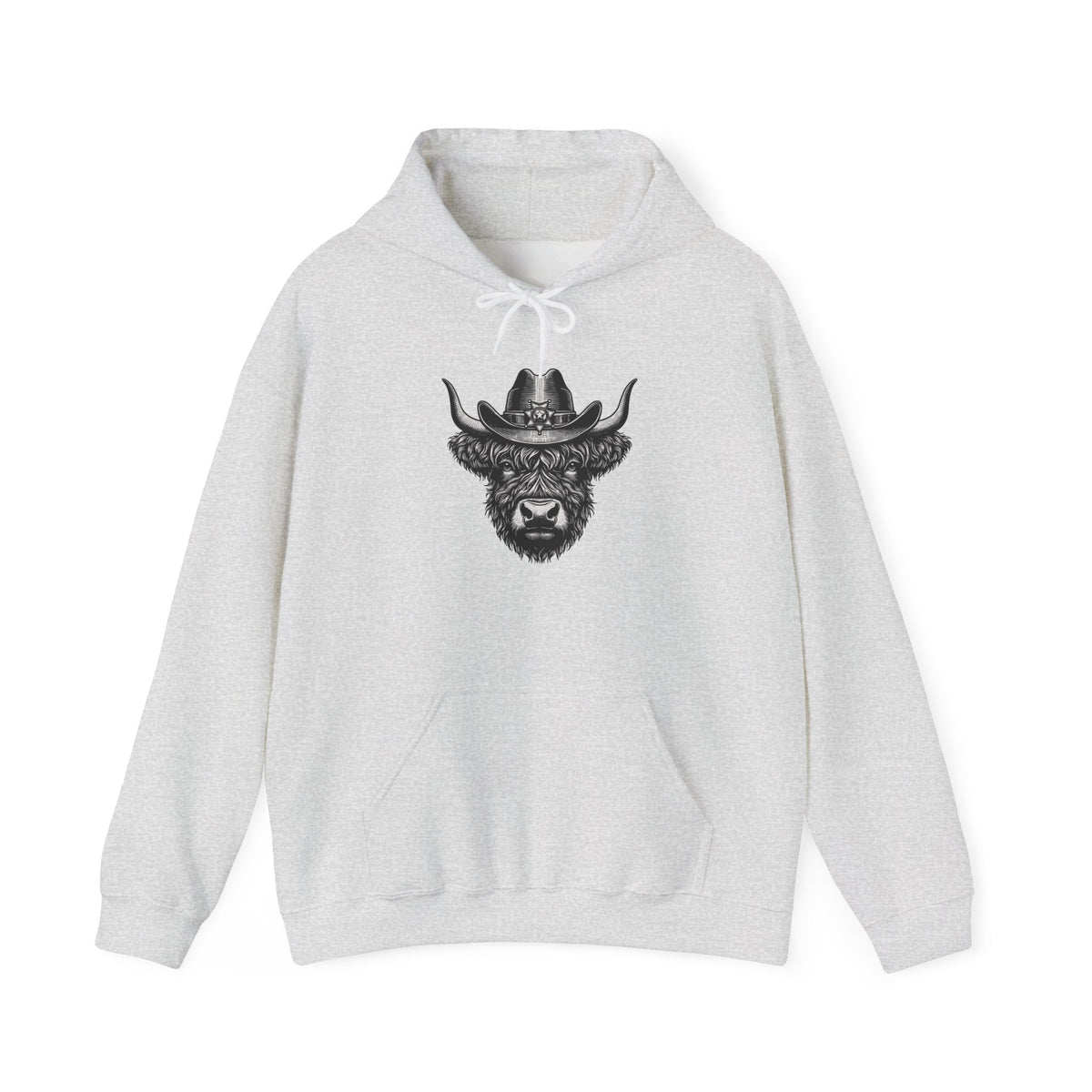 Ash grey Highland cow cowboy hat hoodie with vintage engraved cow in a sheriff hat