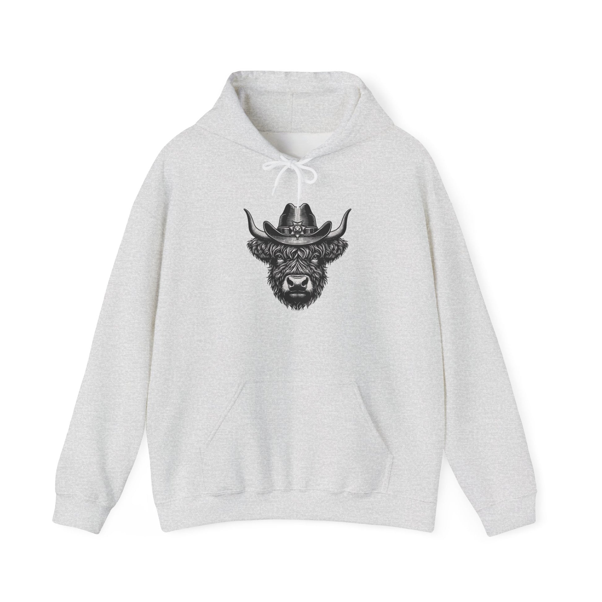 Ash grey Highland cow cowboy hat hoodie with vintage engraved cow in a sheriff hat