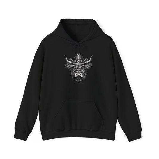 Black Highland cow cowboy hat hoodie with vintage engraved cow in a sheriff hat