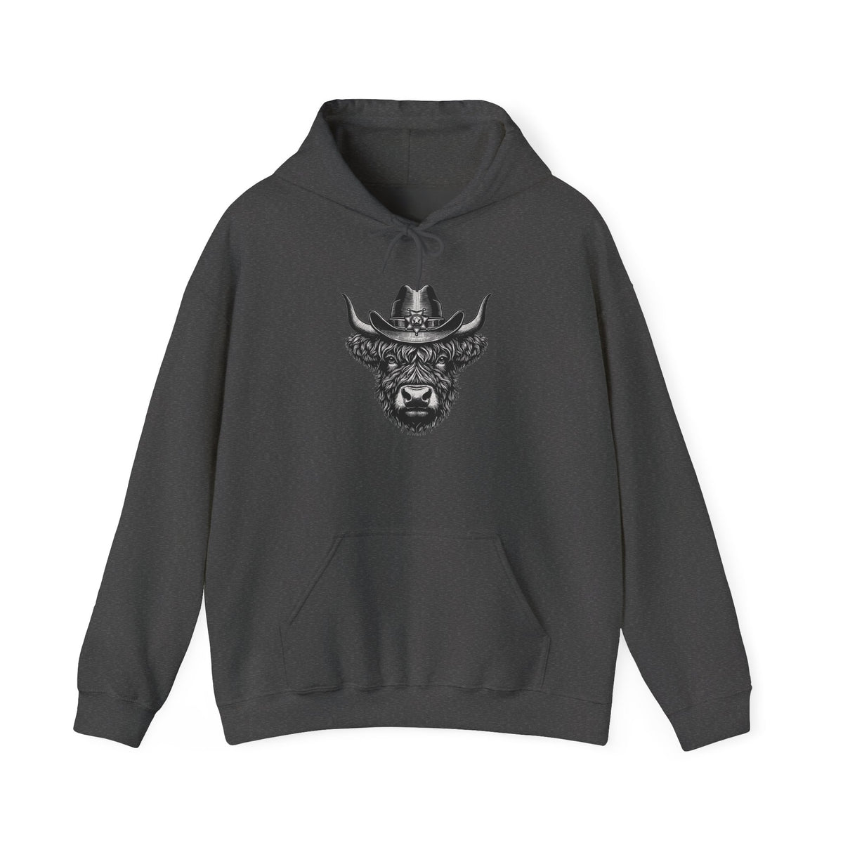 Dark heather Highland cow cowboy hat hoodie with vintage engraved cow in a sheriff hat