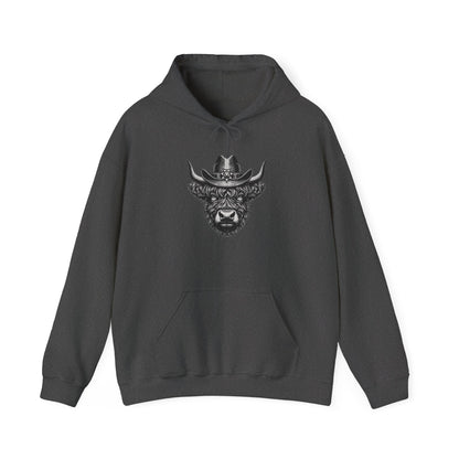 Dark heather Highland cow cowboy hat hoodie with vintage engraved cow in a sheriff hat