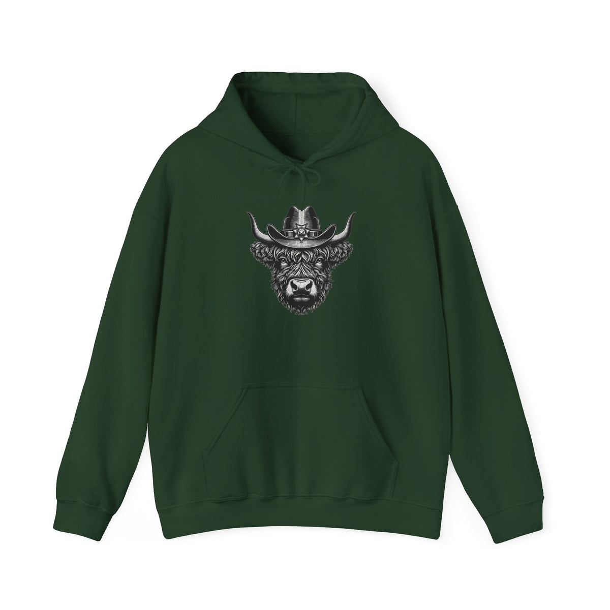 Forest green Highland cow cowboy hat hoodie with vintage engraved cow in a sheriff hat